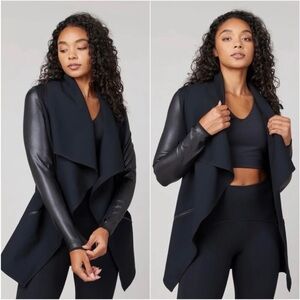 Long Sleeve Faux Leather Drape Front Blazer Black Med chest 22” 33” length